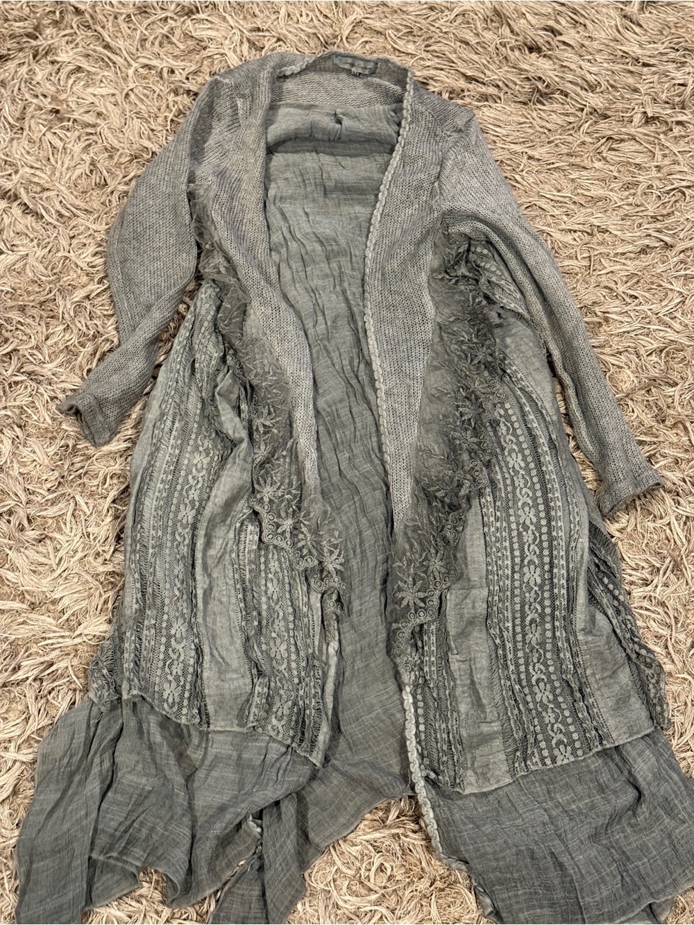 Simply Couture Gray Open-Front Long Knit & Lace Trim Cardigan